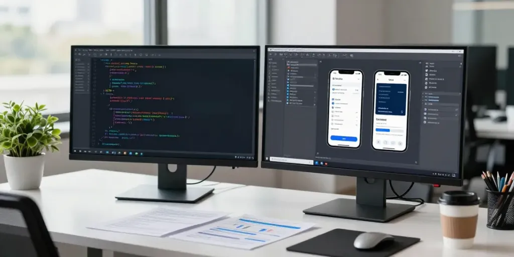 The workspace of a developer at http://www.aircooledapps.com with dual monitors showcasing code and mobile app design in a bright, productive environment.