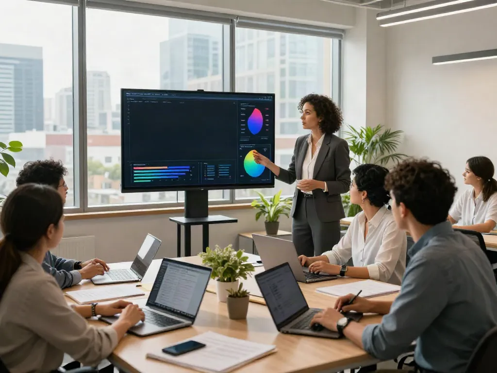 Collaboration scene showing business professionals discussing bpi net empresas in a modern office setting.