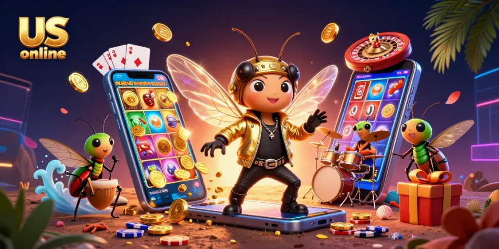 Engage with the thrill of us online casino gaming in action, featuring vibrant slot games and animated characters.