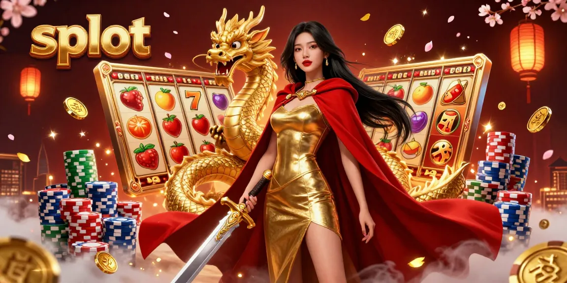 Spin jackpots at a slot game featuring a warrior queen with a golden dragon amidst vibrant casino elements.
