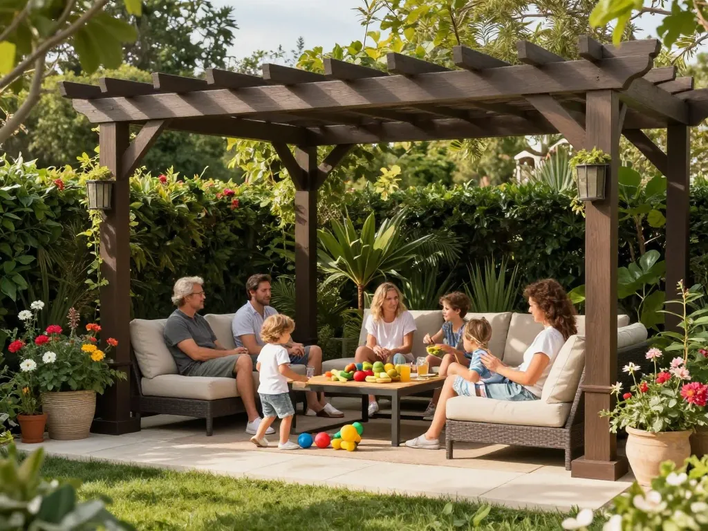 Famille profitant d'une journée ensoleillée sous un configurateur pergola 3D, mettant en valeur le confort extérieur et un jardin vibrant.
