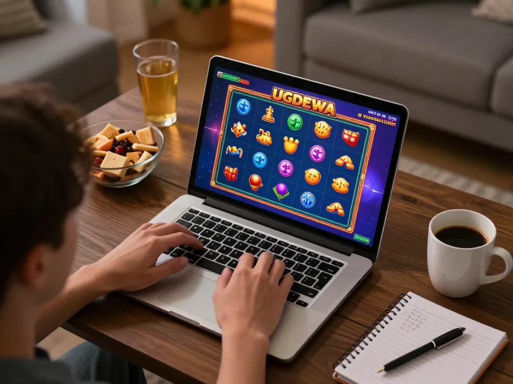 Engaging online gaming scene with UGDEWA slot interface, showcasing a player enjoying a vibrant, cozy environment.