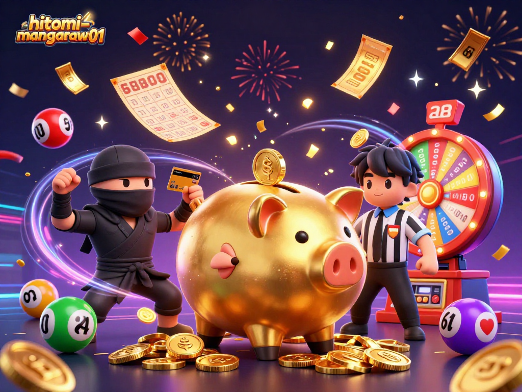 Hitomi-mangaraw01 features a dynamic casino illustration with a golden piggy bank and vibrant lottery elements.