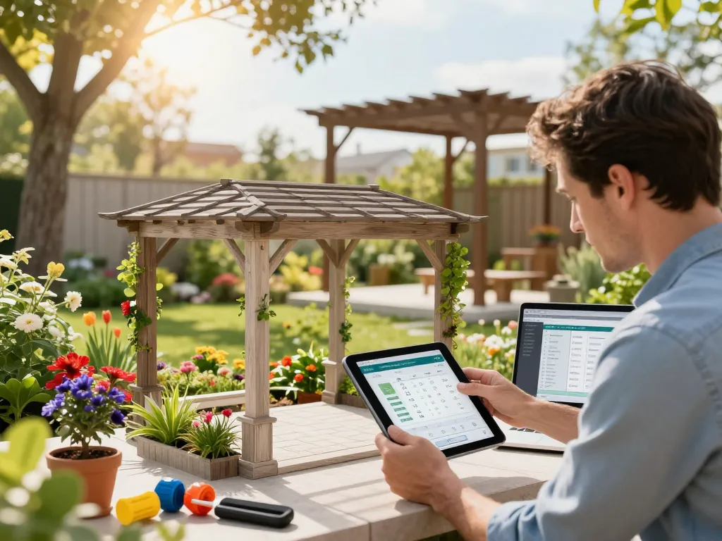 All-in-One pergola Configurator in action, showcasing a designer configuring a pergola in a sunny garden setting.