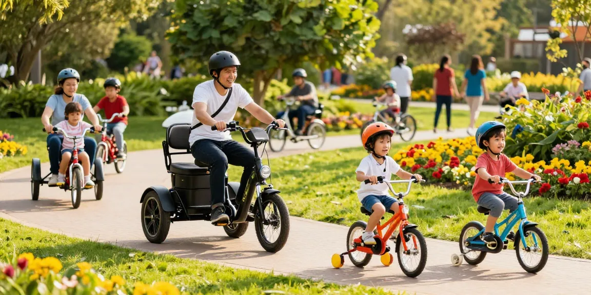 People enjoying tricycles in a sunny park, highlighting fun and freedom on electric and kids tricycles.