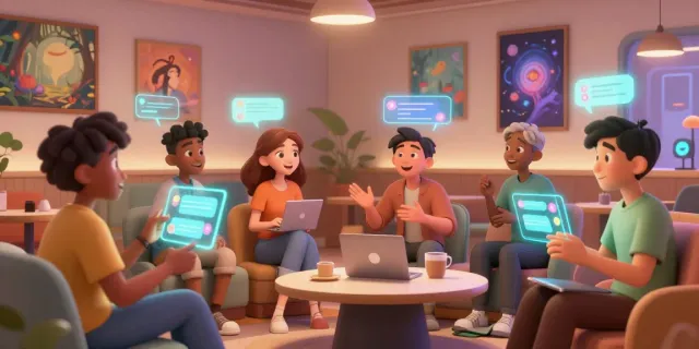 Engaging free ai sex chat experience in a virtual lounge with diverse animated characters.