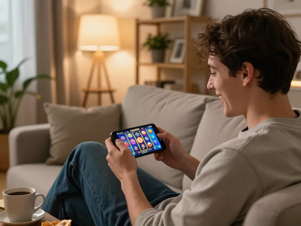 Player enjoying Leci123 slots on mobile app, surrounded by cozy home gaming setup.