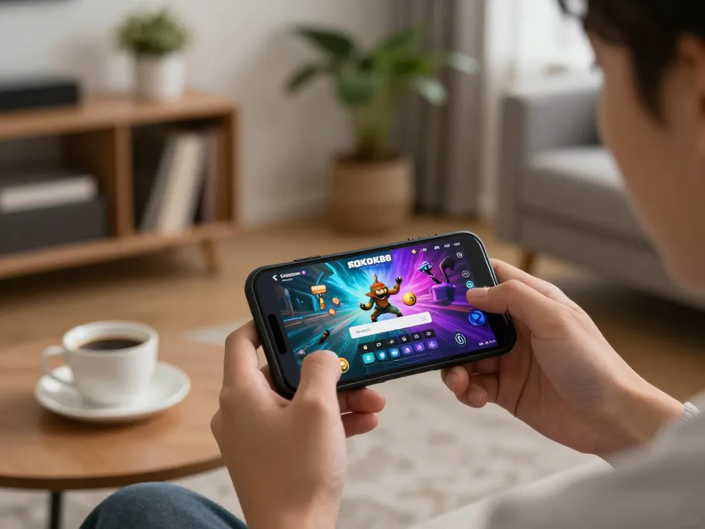 rokok88 login screen displayed on a smartphone during a cozy home gaming session with warm ambiance
