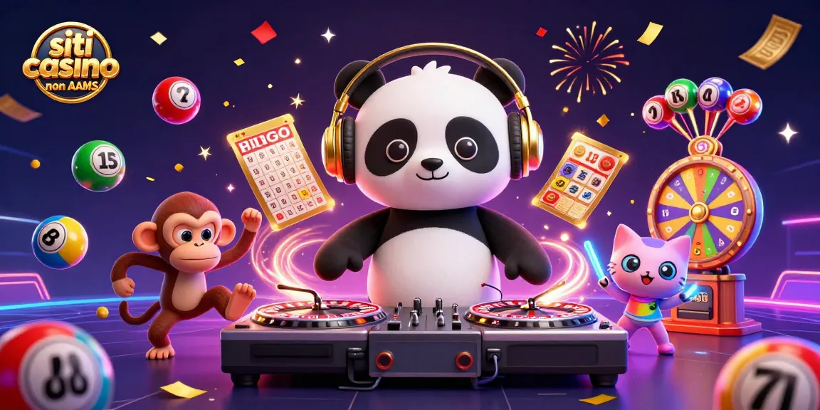 Unisciti al divertimento sui siti casino non AAMS con un'illustrazione festosa di un panda DJ, una scimmia ballerina e un gattino da festa.