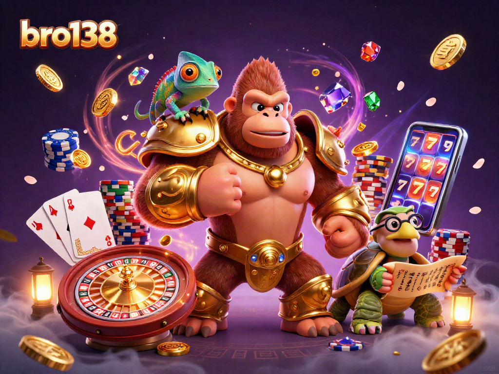 Spin into excitement with bro138, featuring a gorilla king, chameleon, and tortoise in a vibrant casino scene.