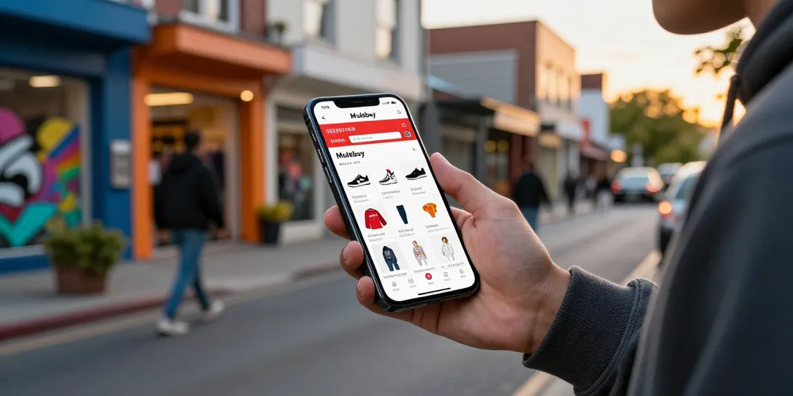 Individual browsing the Mulebuy spreadsheet for trendy fashion items in an urban setting.