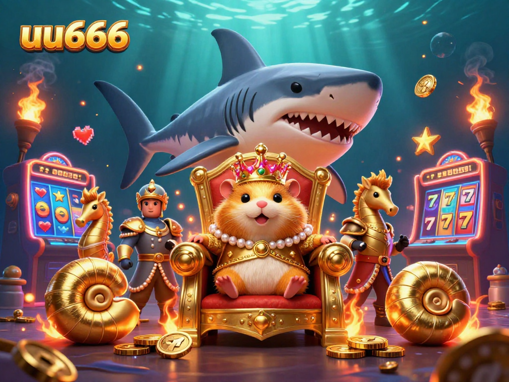 Spin the reels and win big at uu666 with a vibrant 3D casino scene featuring a golden hamster king.
