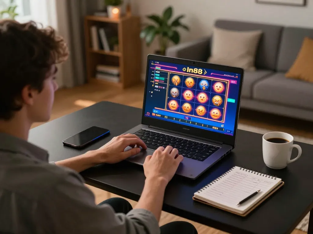 Engaging scene of a player experiencing dn88 online slots at home, showcasing strategic gaming