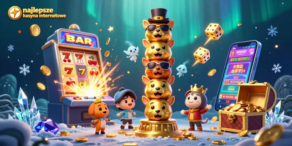 Experience the thrill with najlepsze kasyna internetowe as vibrant symbols and games come alive in this 3D illustration.
