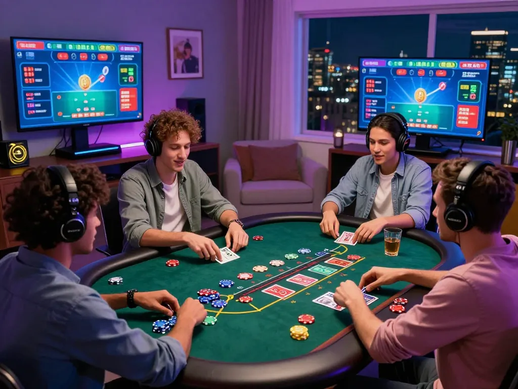 Exciting baccarat gaming action at an online casino, showcasing vibrant players, digital betting screens, and a stylish home setting.