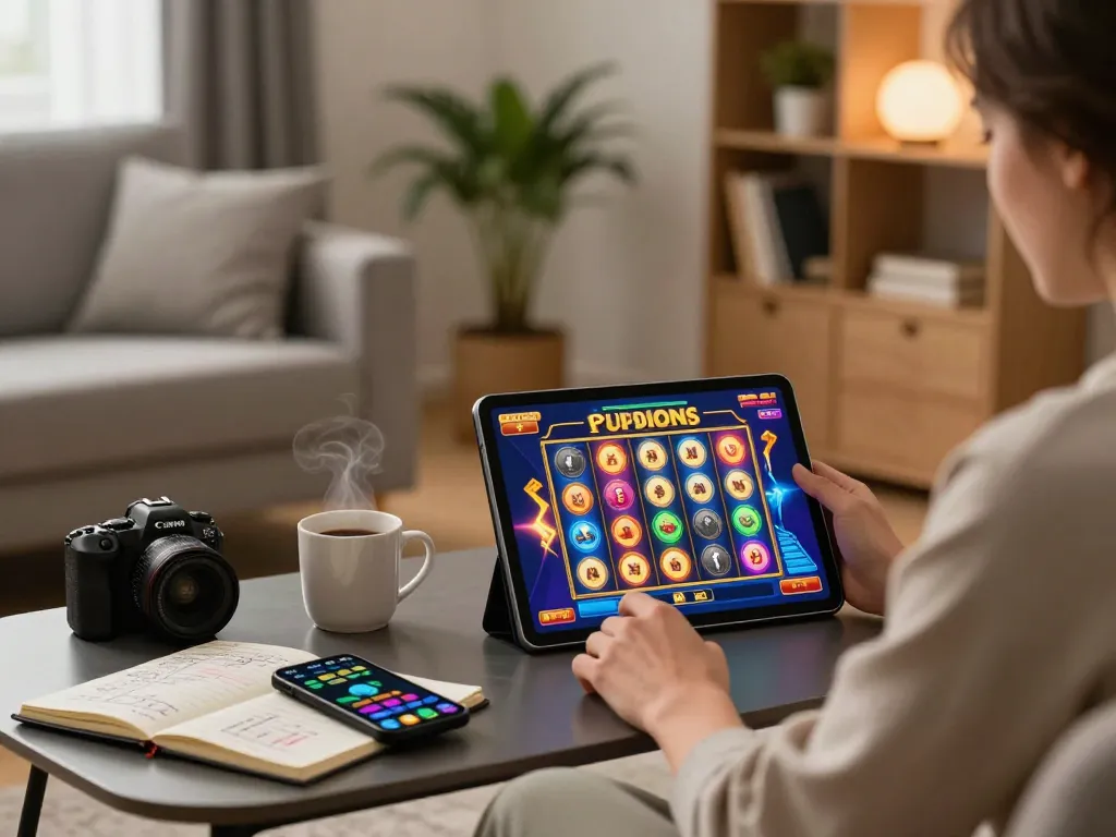 Engaging in an exciting Slot Online game on a tablet while enjoying a cozy home atmosphere with strategic notes.