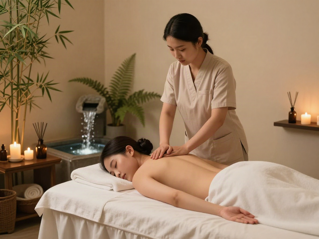Soothing 주안출장마사지 therapy session in a tranquil wellness spa setting with candles and plants.