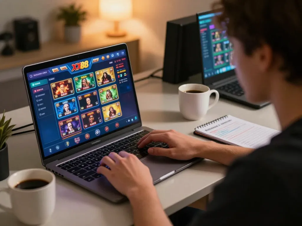 Engaged player exploring XX88 online casino games on a sleek laptop at home.