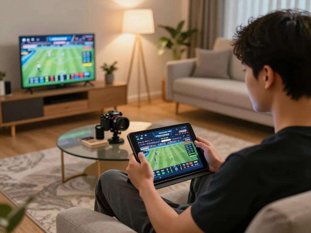 Engaging online sports betting session at home with Nhà cái FC88 on tablet and relaxed atmosphere