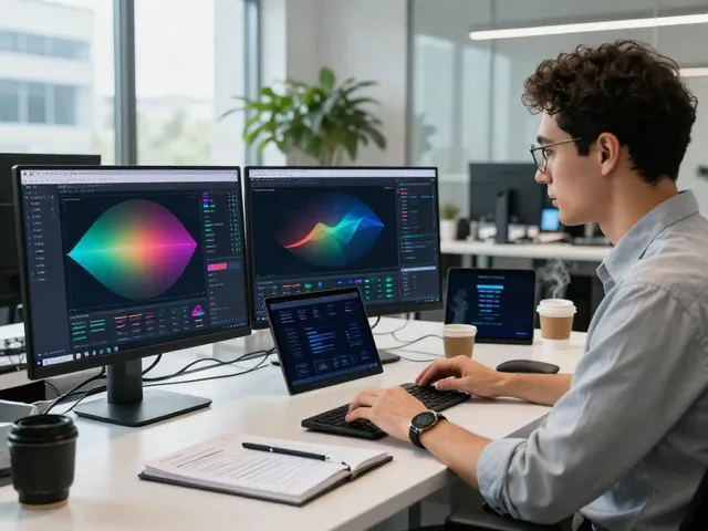 Data scientist finding AI datasets with multiple screens and project notes in a modern workspace.