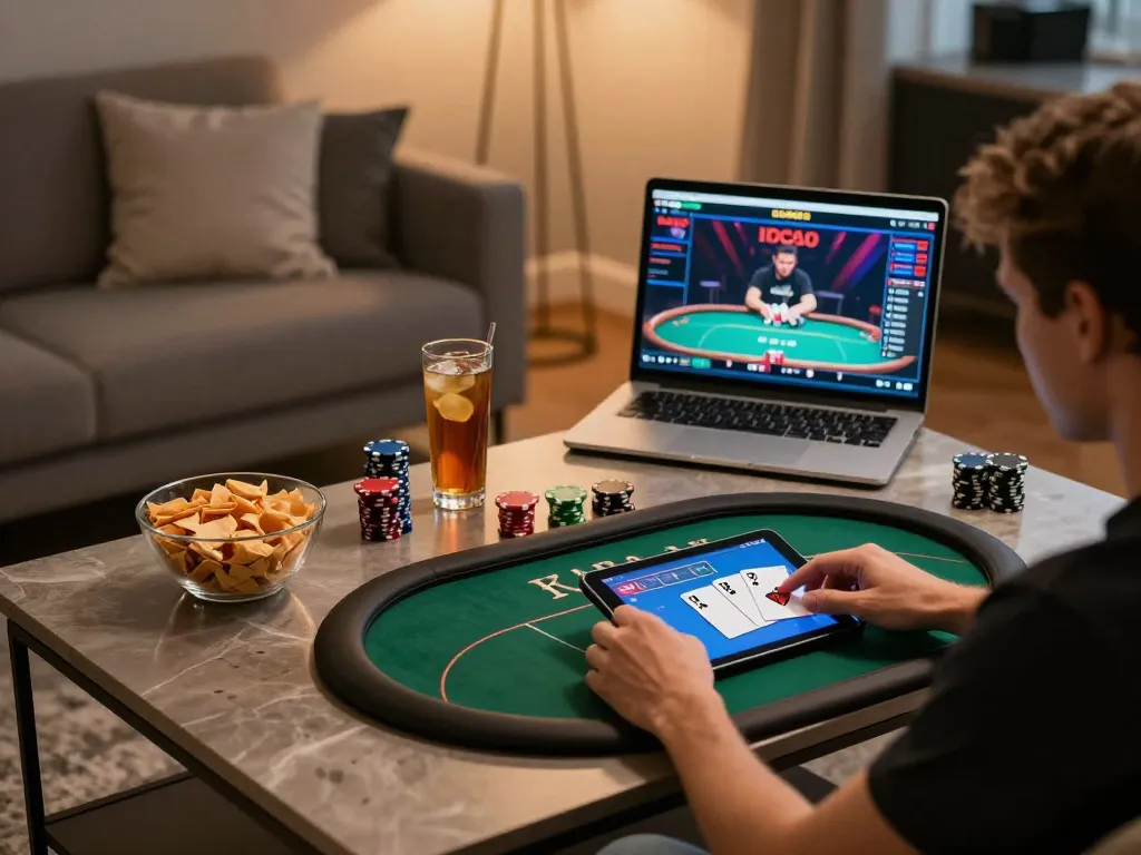 Player engaging in online poker at home using the kkwin app, showcasing modern gaming setup and cozy atmosphere.