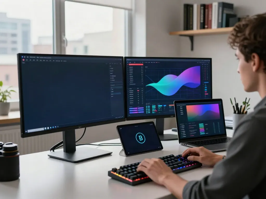 CryptoDenis YouTube inspired workspace for cryptocurrency trading with live charts, digital wallets, and tech books.
