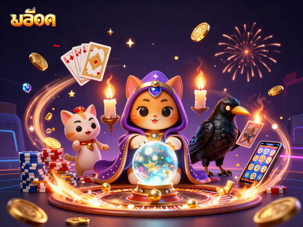 Experience the thrill of สล็อต with mystical characters and vibrant casino elements in a rich 3D illustration.