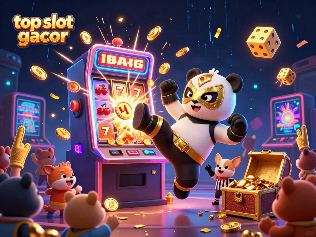 Menggandeng kemenangan bersama top slot gacor, ilustrasi bertema kasino penuh warna dengan karakter kartun kegembiraan.