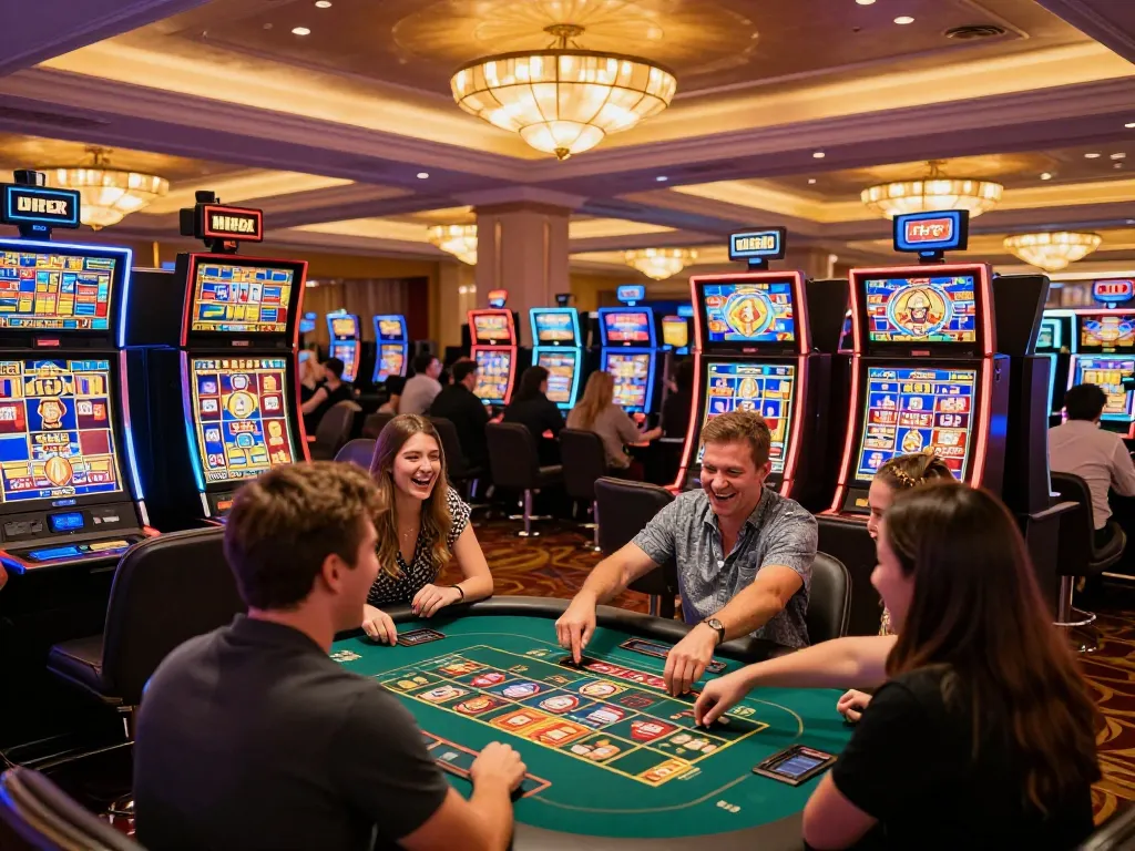 Chatgpt caricature capturing friends celebrating their casino wins at vibrant slot machines, showcasing excitement.