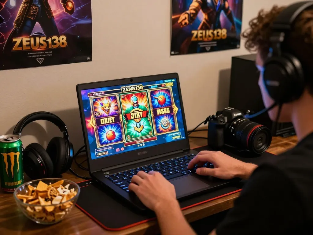 Engaged player experiencing Zeus138 online slot games in a cozy gaming setup.