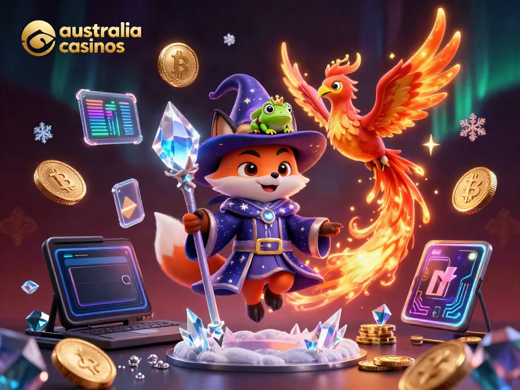 Explore winning strategies at australia casinos with a mystical 3D wizard fox and a phoenix.