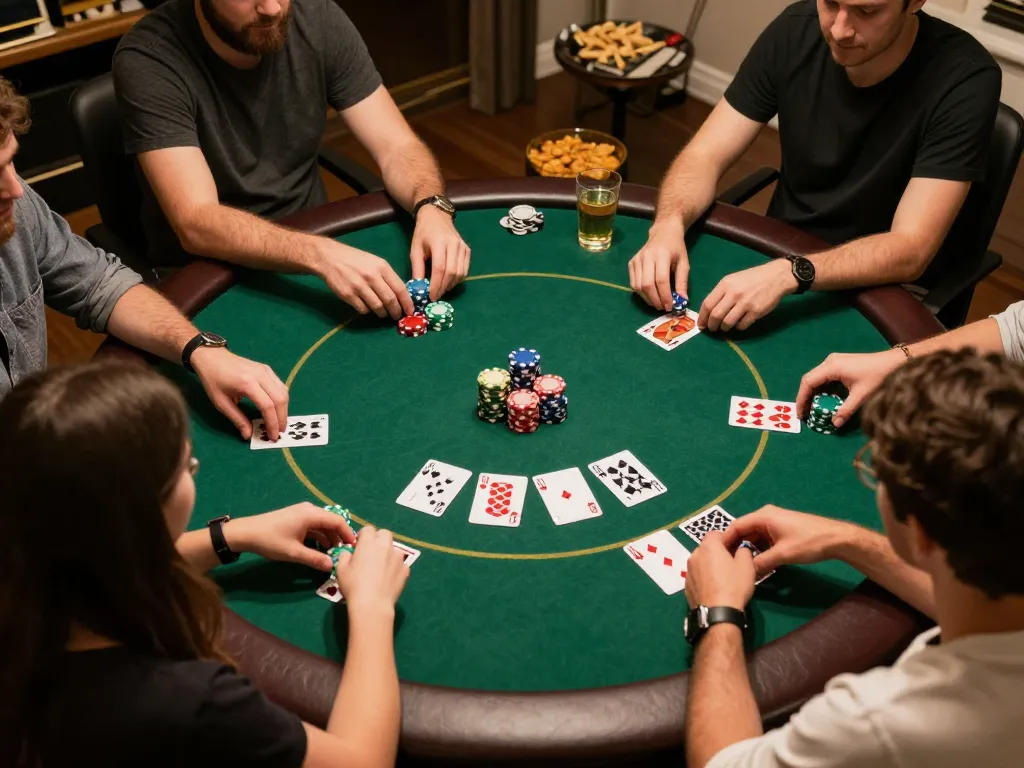 Engaged players strategizing in a poker game, referencing the hidden wiki dark web tactics for game mastery