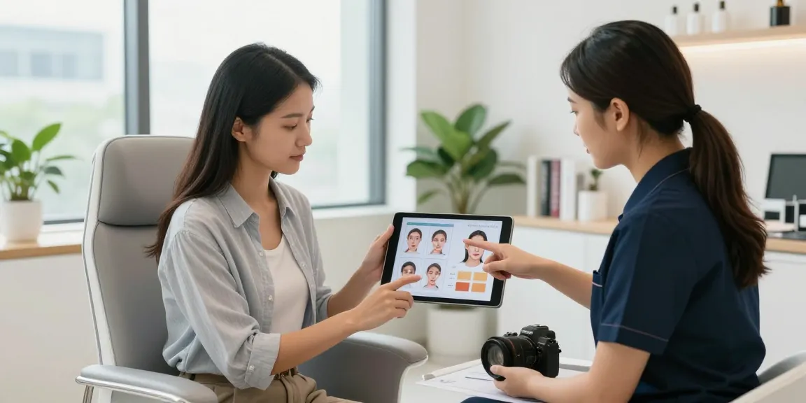 ClinicEvo vs QOVES analysis session showing a woman considering beauty enhancements in a modern clinic.
