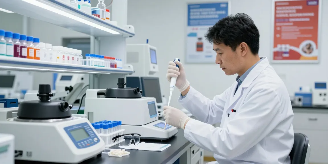 SwissChems Peptides displayed in a scientific lab setting with a researcher measuring peptides.
