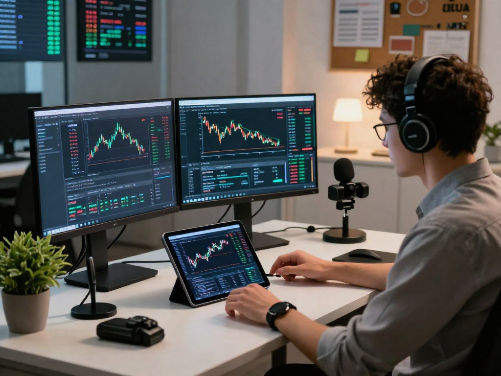 Real-time forex API workspace displaying currency pair historical Kline API data on screens while developer engages with charts.