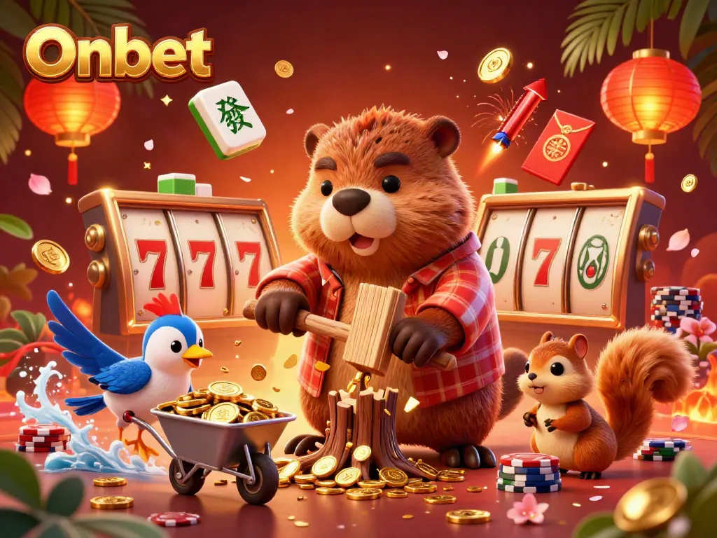 Experience Onbet's thrilling slots with a playful beaver collecting golden coins amidst vibrant gaming elements.