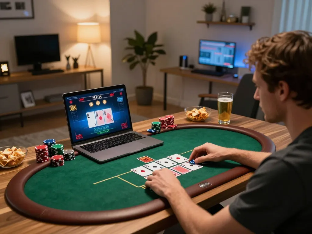 Experience live hk excitement through an online poker game with a player engaged at home.