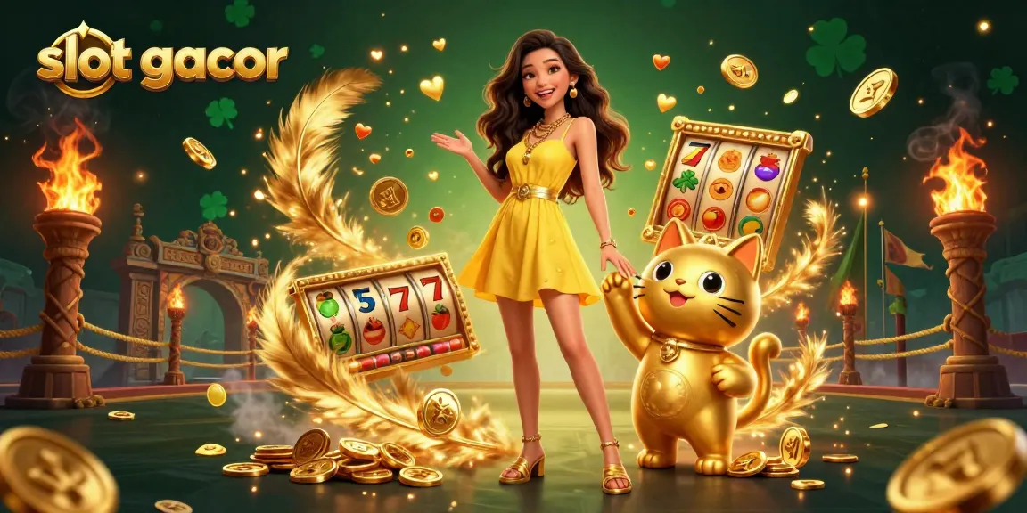 Experience the thrill of slot gacor with golden lucky cat, cheerful woman, and vibrant jackpots.
