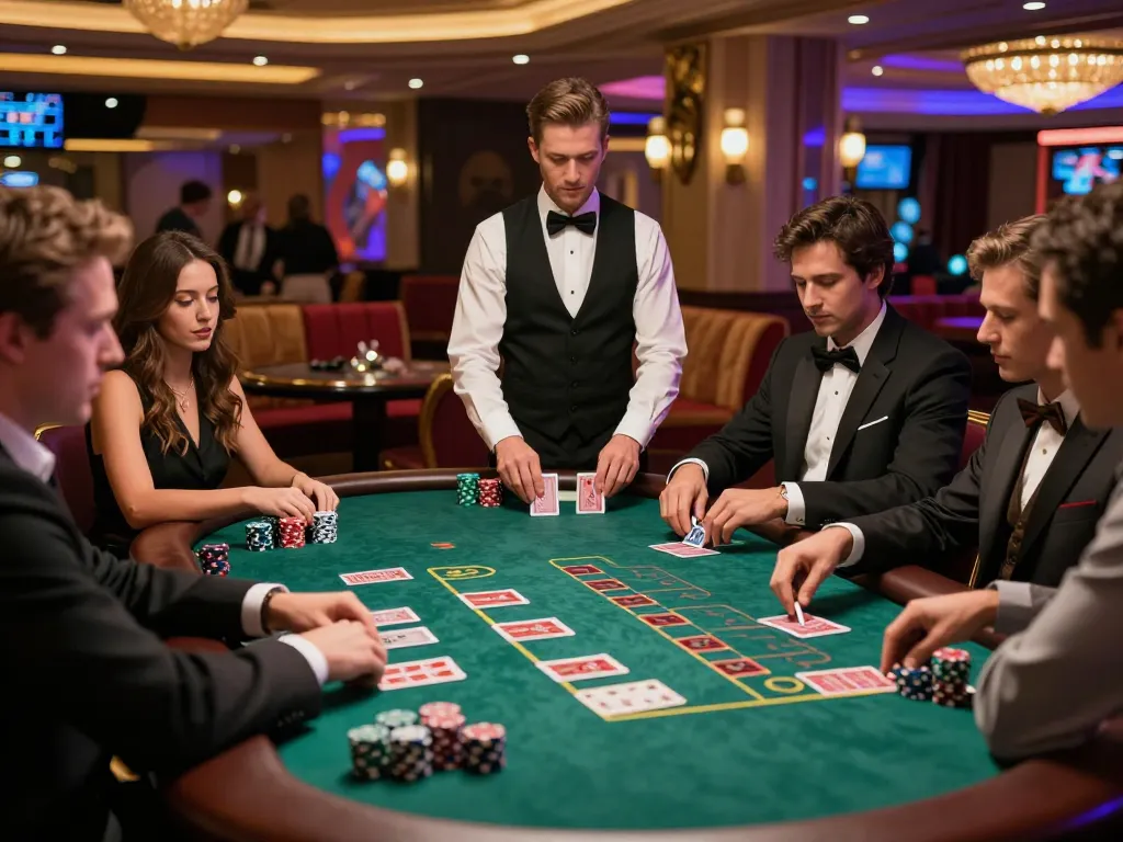Players at MM88 blackjack table strategizing their bets in a luxurious casino setting.