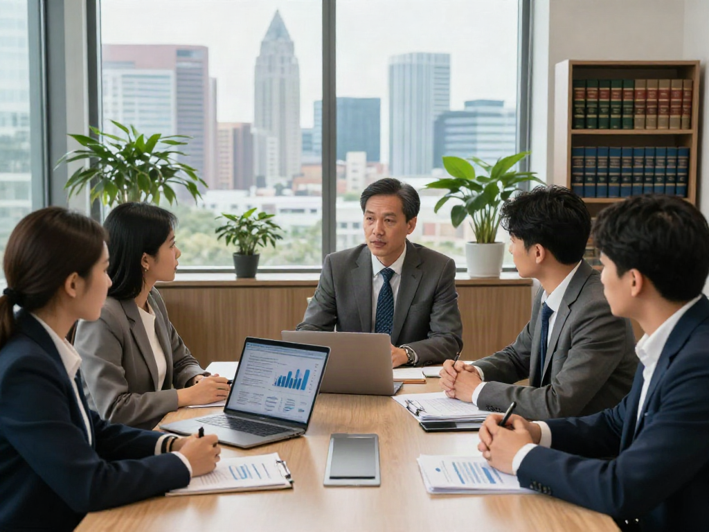 Lead Roedl legal consulting scene with diverse professionals collaborating on international strategies in a modern office.