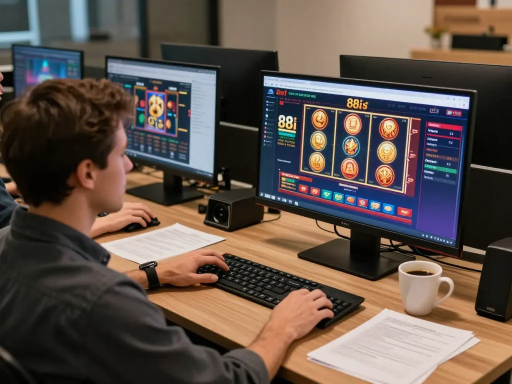Player engaging with 88i gaming interface on multiple screens during online gambling session.
