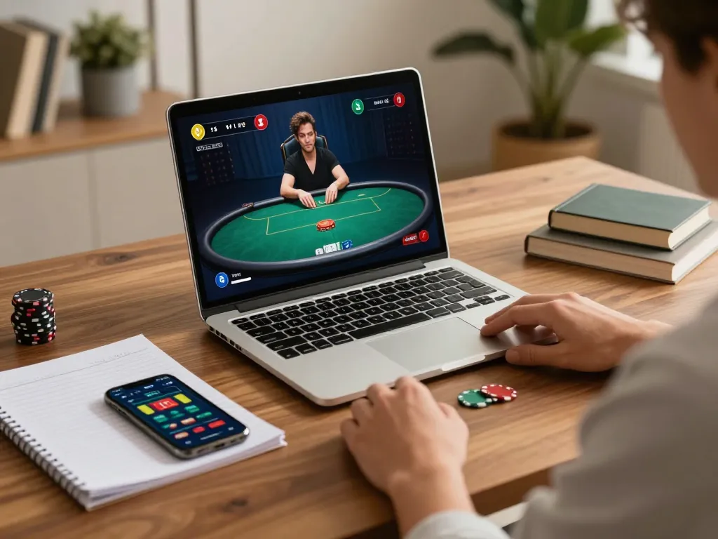 Player strategizing in an online poker game at 888now, showcasing focus and interactive experience.