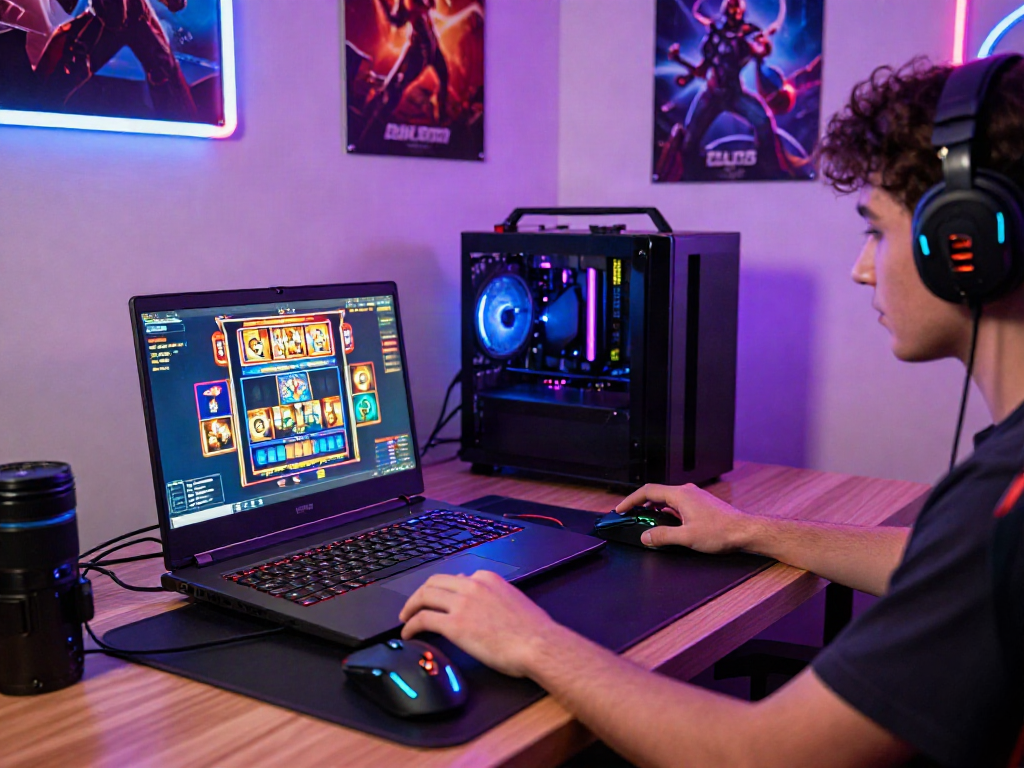 Engaged player at da88 slot gaming setup, colorful accessories enhancing the experience.
