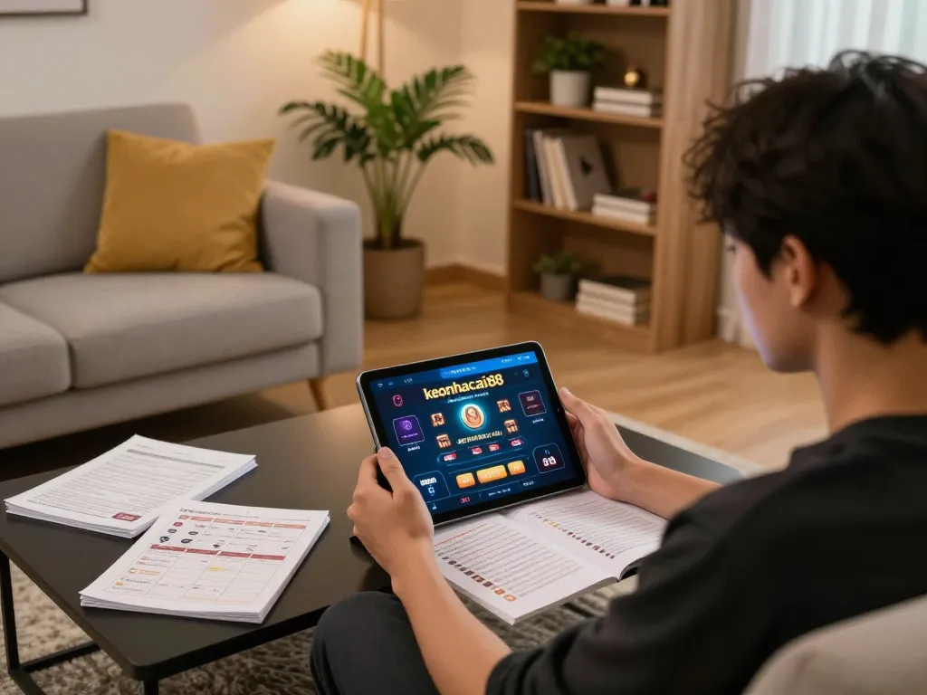 Engaging home gaming setup with keonhacaii88 app on tablet, illustrating strategic online betting.