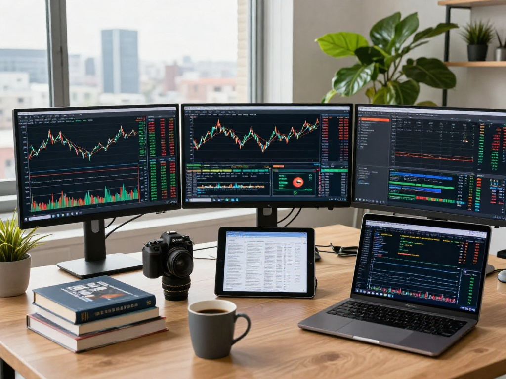在TradingView官网上分析市场的交易者，专业的多显示器设置和技术分析工具。