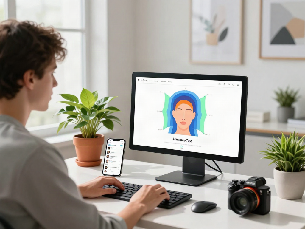 Engaging digital workspace featuring an attractive test on a computer screen, with graphs and a young adult focused on the AI interface.