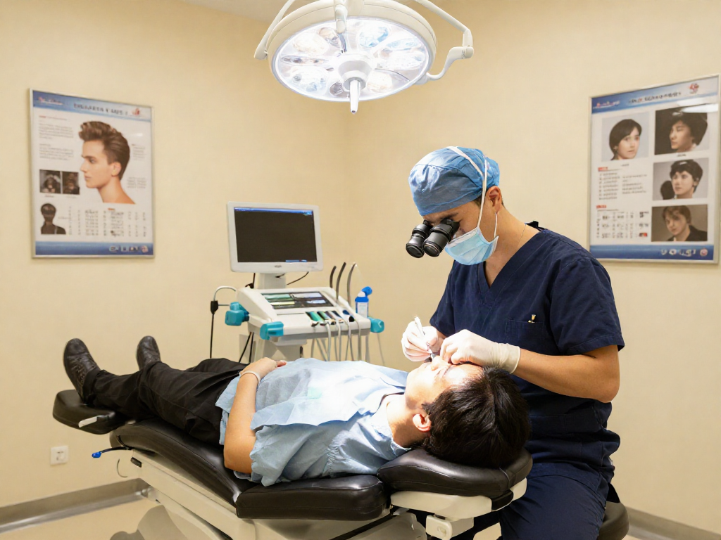 Hair Transplant procedure in a modern clinic showing skilled surgeon and patient