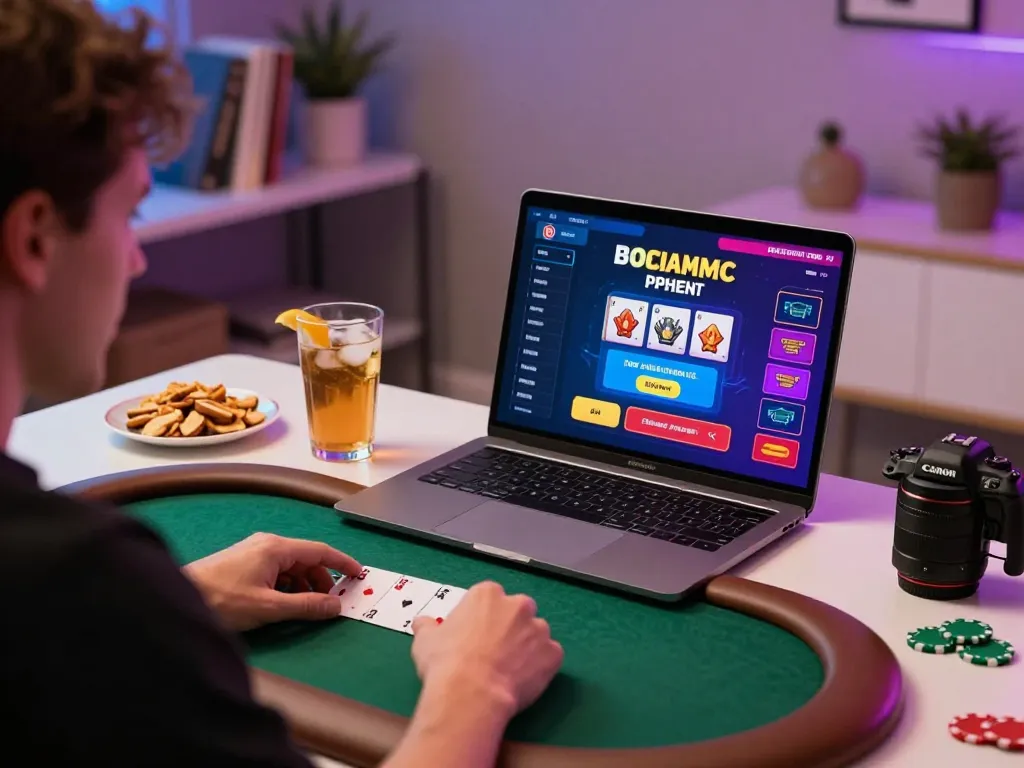 Engaged gamer utilizing https://nddo.org for online poker with snacks and drinks nearby.