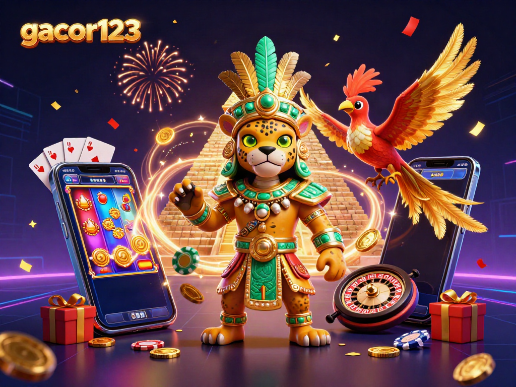 Experience gacor123 with vibrant casino elements exploding from a digital smartphone in a thrilling scene.