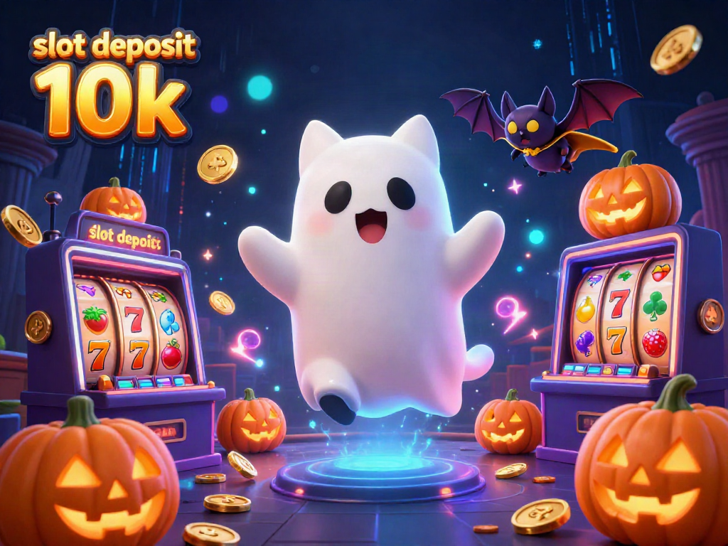 Experience the thrill of slot deposit 10k with a friendly ghost cat in a haunted casino.